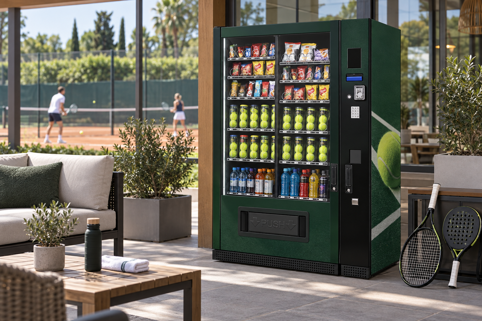 Custom green G-Snack machine stocked for a sheltered tennis club