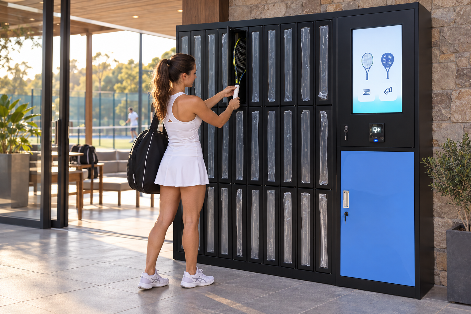 Tennis player returning a racket to a rental locker