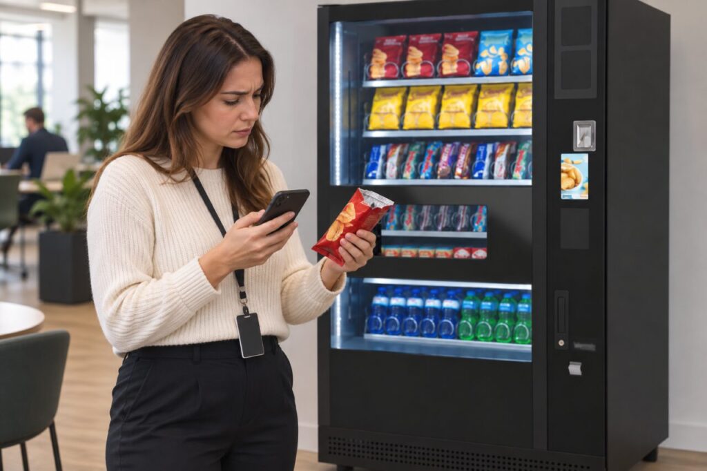 A customer photographs a torn snack wrapper beside a SandenVendo vending machine.