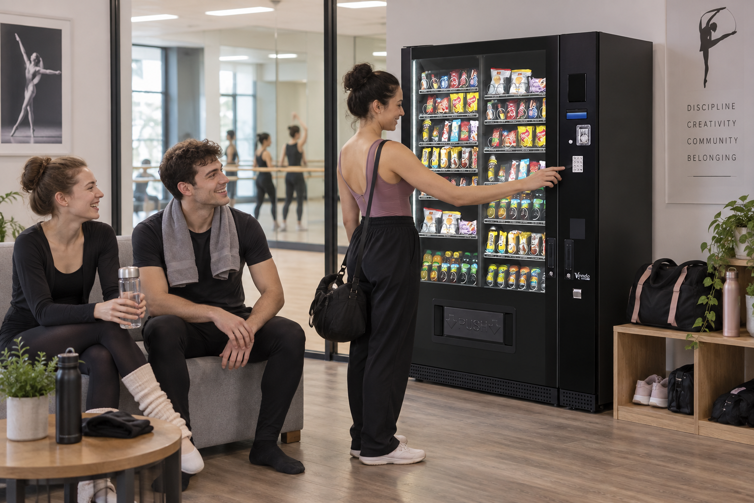Adult dancers buying from a SandenVendo G-Snack Standard during a studio break