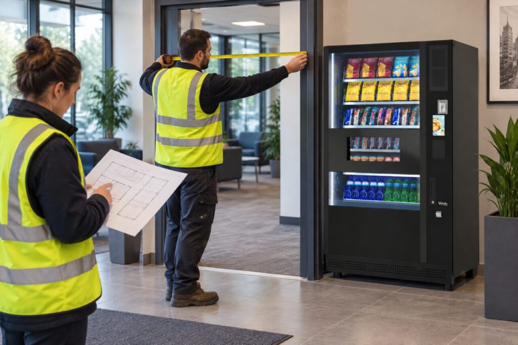 Surveyor measuring a doorway beside a stationary SandenVendo vending machine