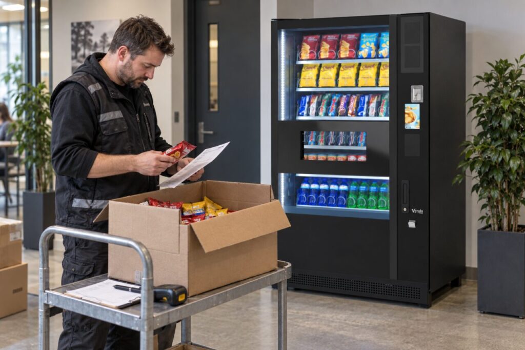 Operator counting snack packets against a delivery note beside a SandenVendo vending machine