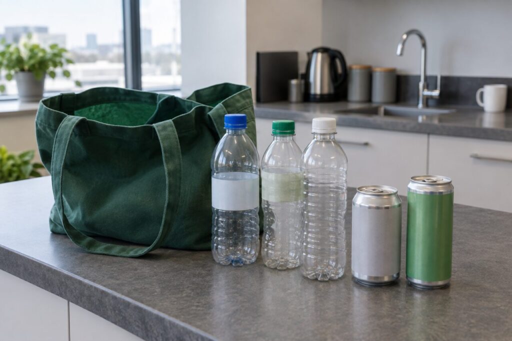 Empty plastic drinks bottles and aluminium cans beside a reusable shopping bag