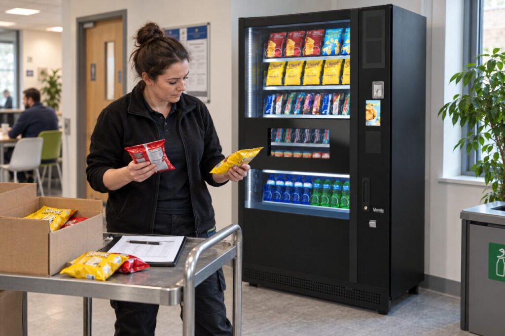 An operator compares possible replacement snacks beside a SandenVendo machine.