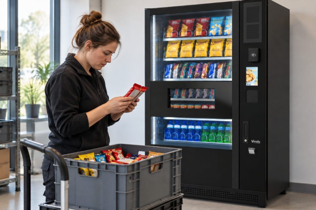 A refill worker reads the back label of a sealed imported snack before placing it in a stock crate beside a SandenVendo vending machine.