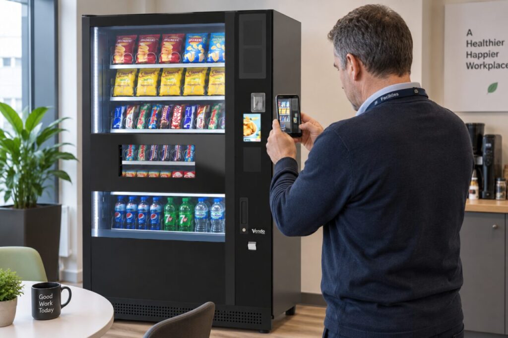 Facilities manager photographing a vending machine payment display to report a fault