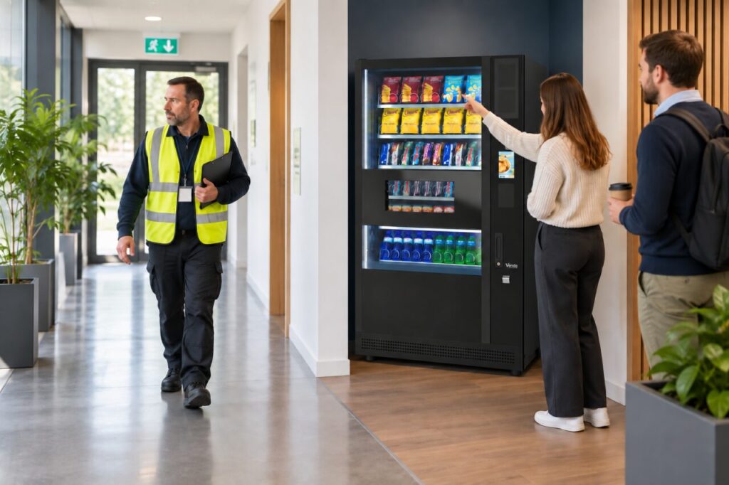 A facilities manager checks an unobstructed marked escape corridor while two colleagues queue beside a SandenVendo vending machine in a separate alcove.