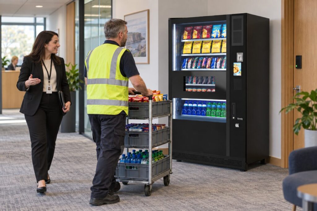 A receptionist escorts a refill worker to a SandenVendo vending machine.
