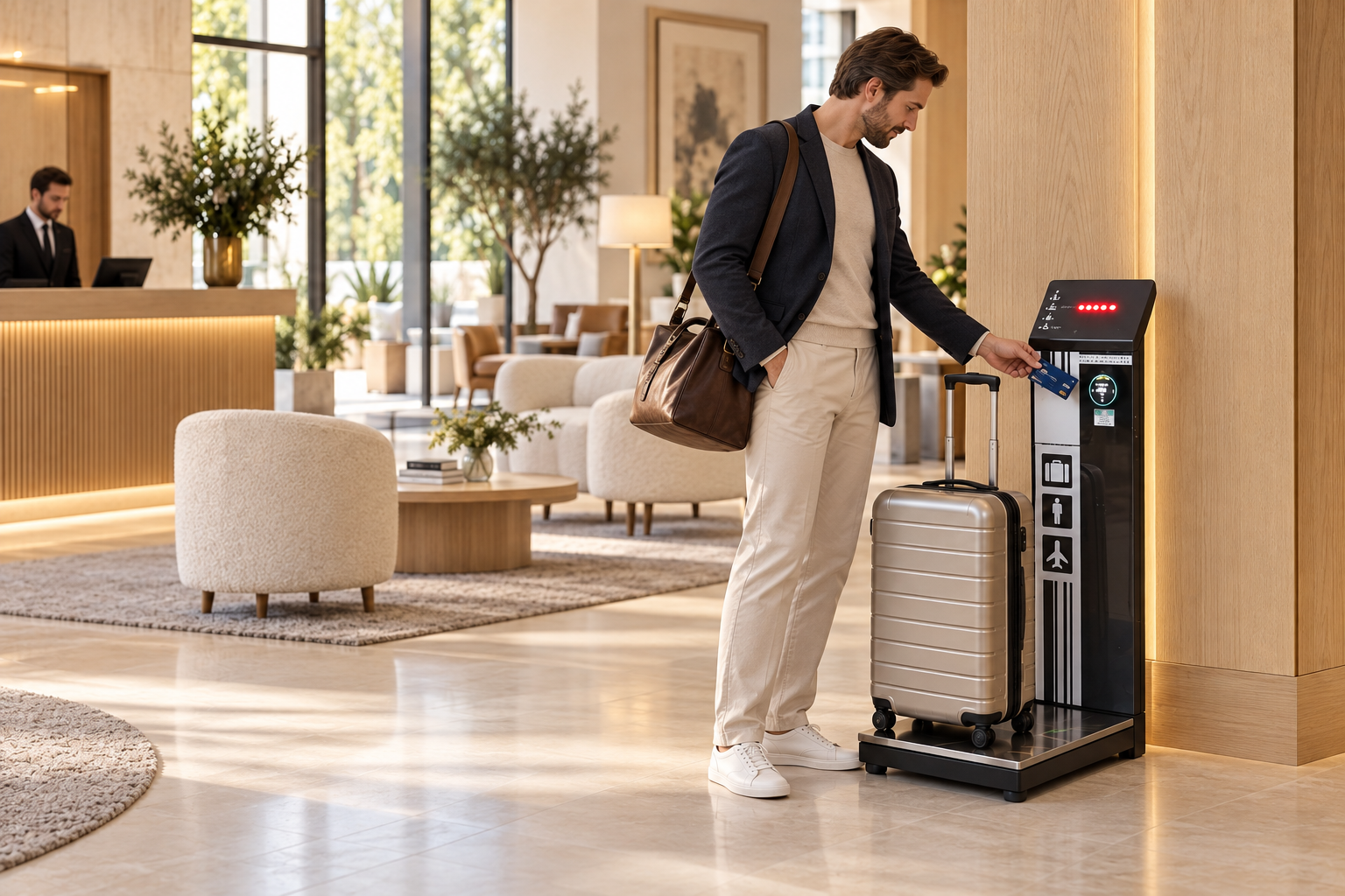 Cashless luggage scales concept with a hotel guest tapping a payment card