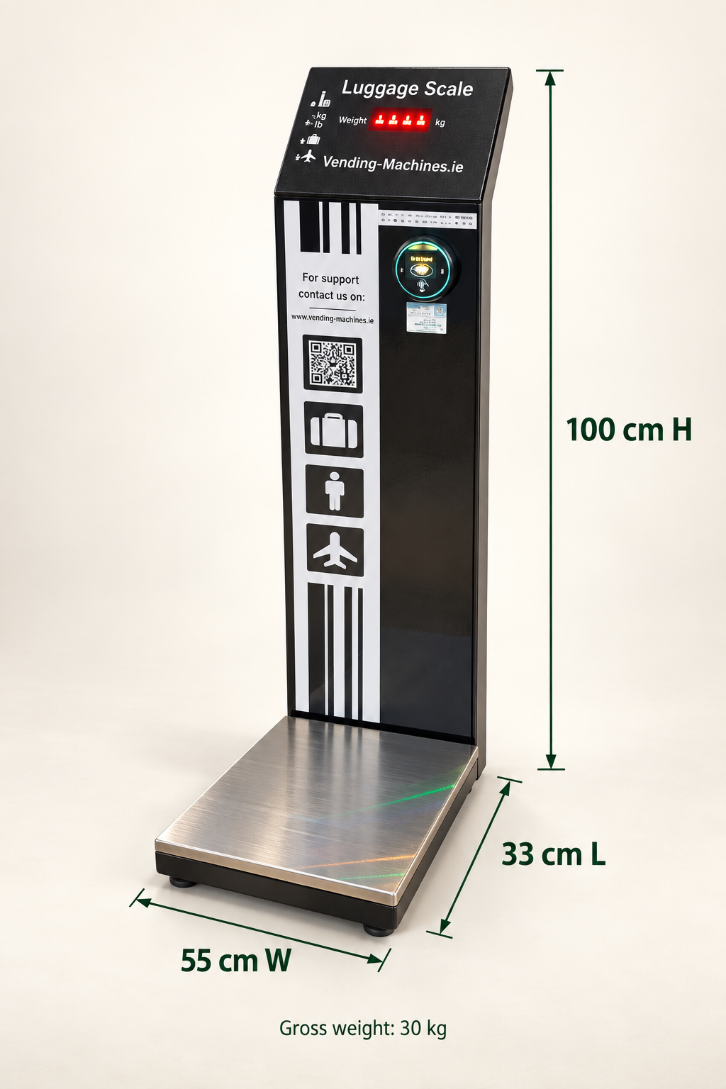 Photographic luggage scale specification: 100 cm high, 55 cm wide, 33 cm long; gross weight 30 kg