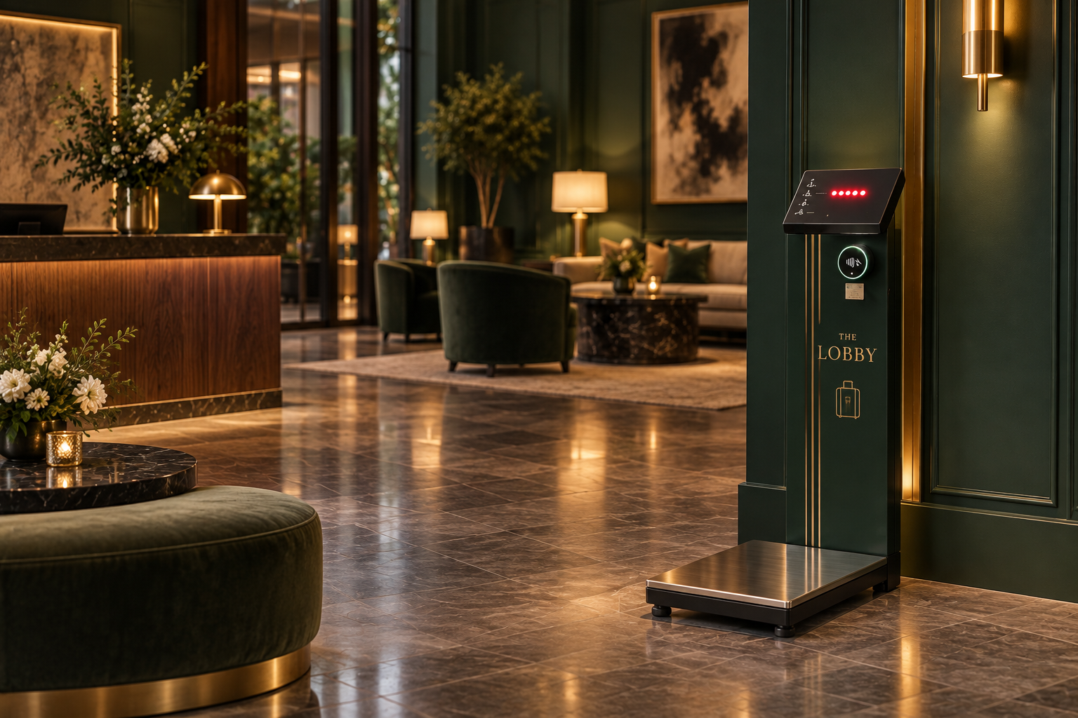 Custom branded luggage scales AI concept with green and gold hotel graphics