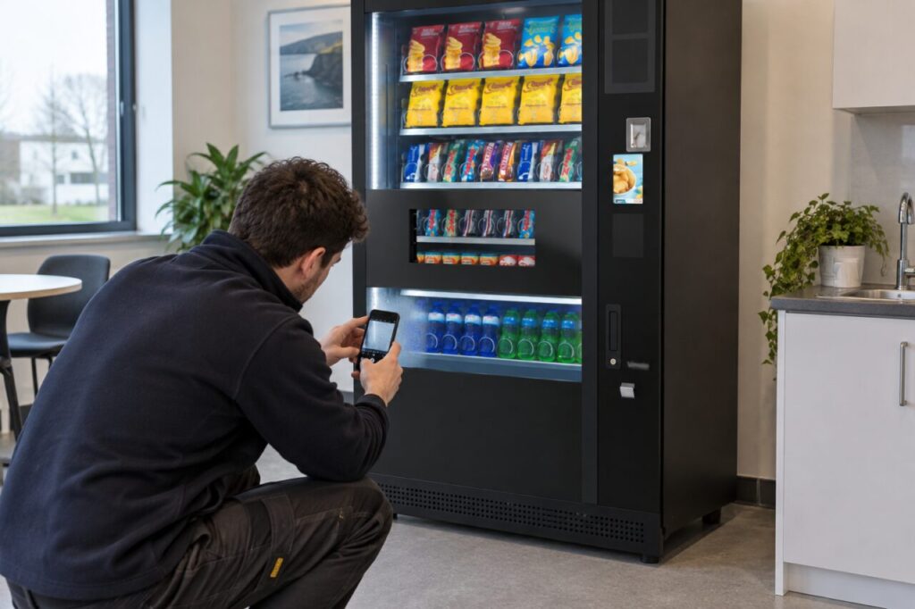 An operator photographs misted glass on a SandenVendo vending machine.