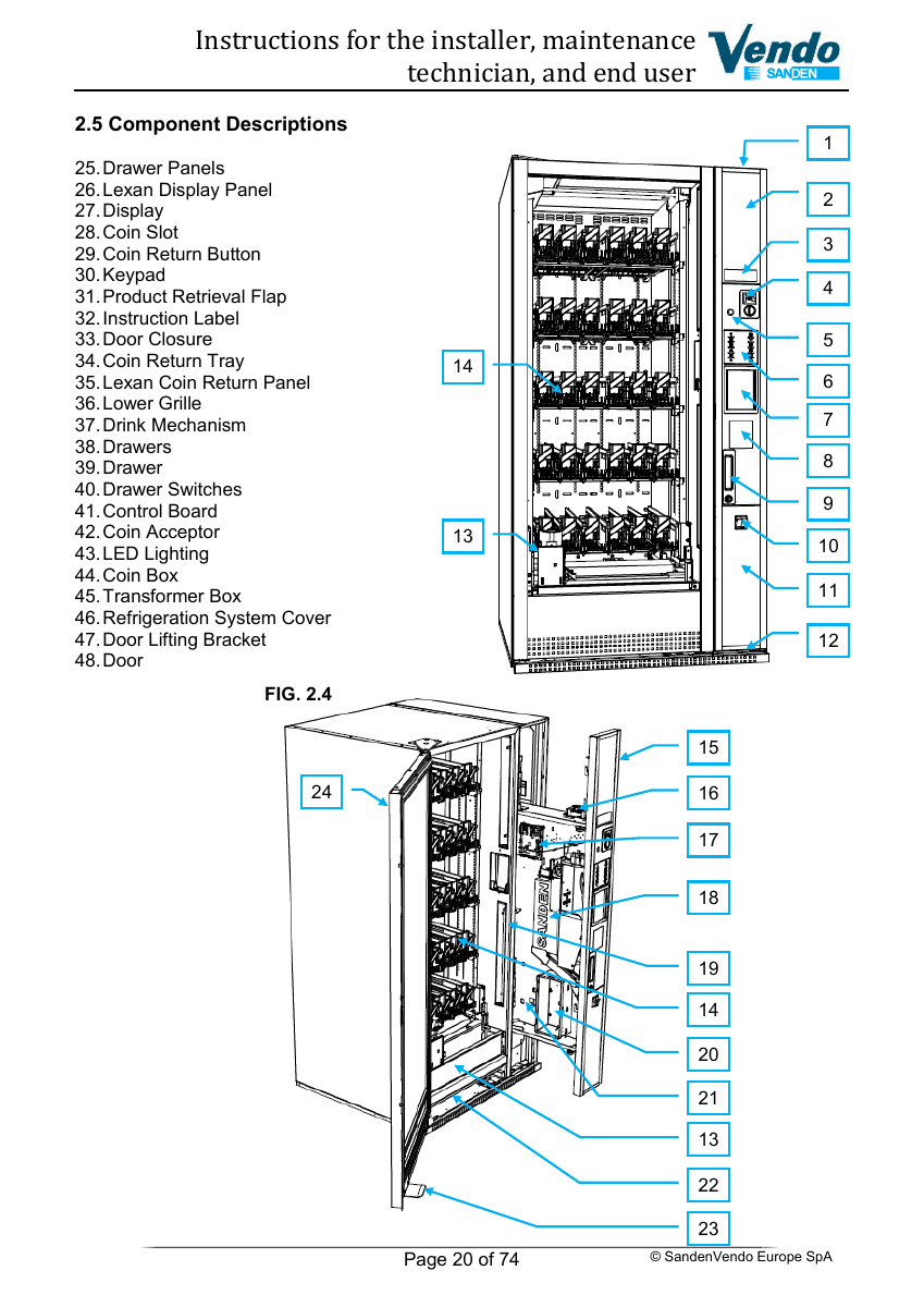 G-Drink vending machine service diagram showing drawers, drink mechanism and refrigeration cover