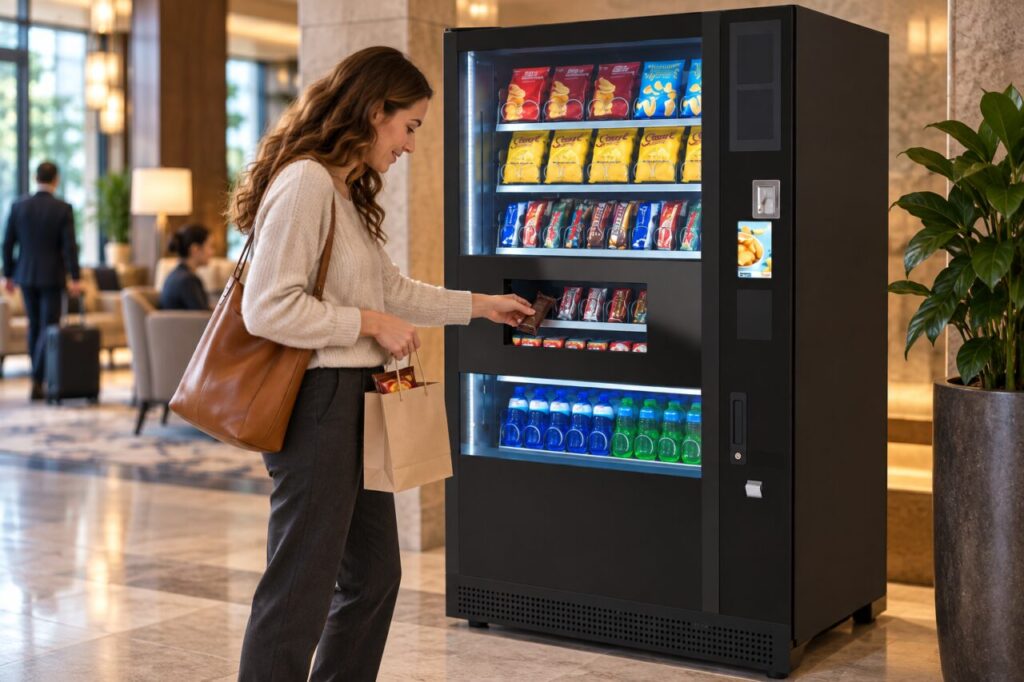 A customer collects a wrapped snack from a SandenVendo vending machine while holding a gift bag.