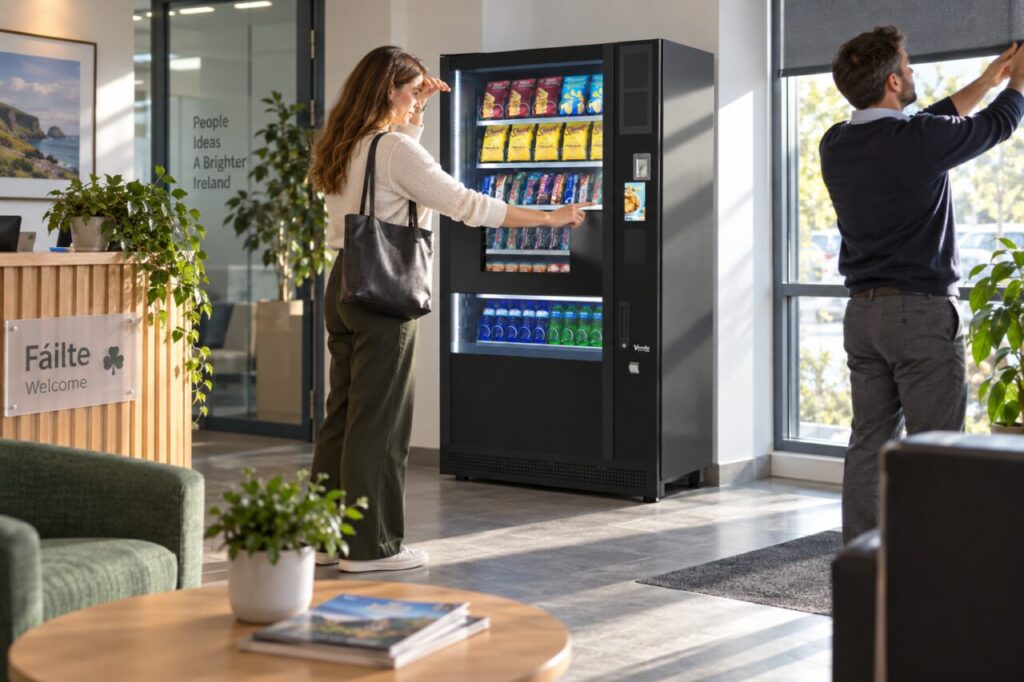 Customer checking a vending screen while a colleague adjusts a window blind