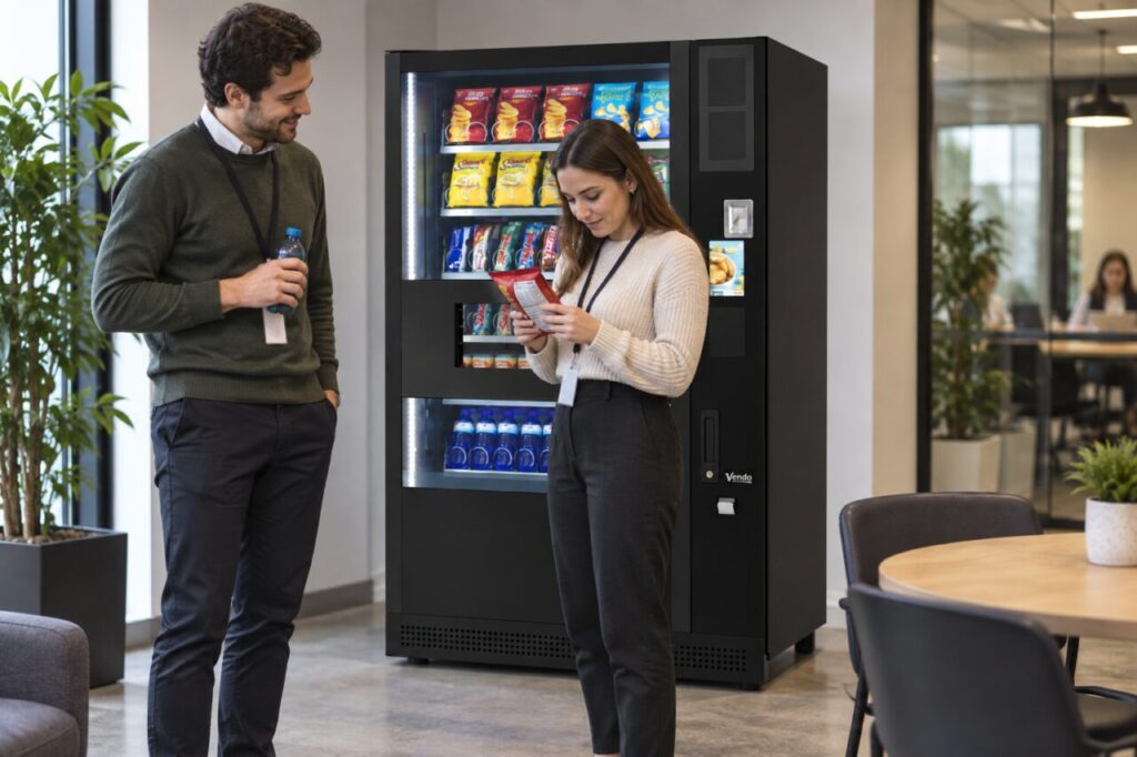 A customer reads a snack label beside a SandenVendo vending machine after collecting her purchase.