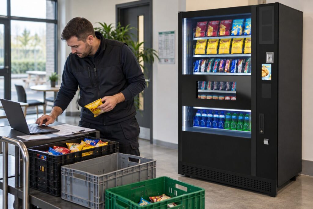 An operator reconciles stock crates and records beside a SandenVendo machine.