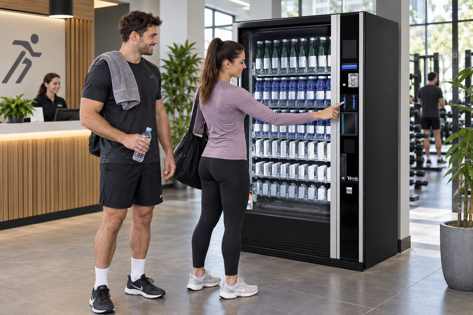 Gym members using a SandenVendo G-Drink after training