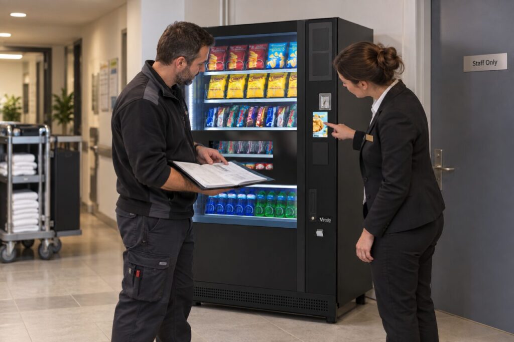 Two site representatives review a folder beside a SandenVendo vending machine.