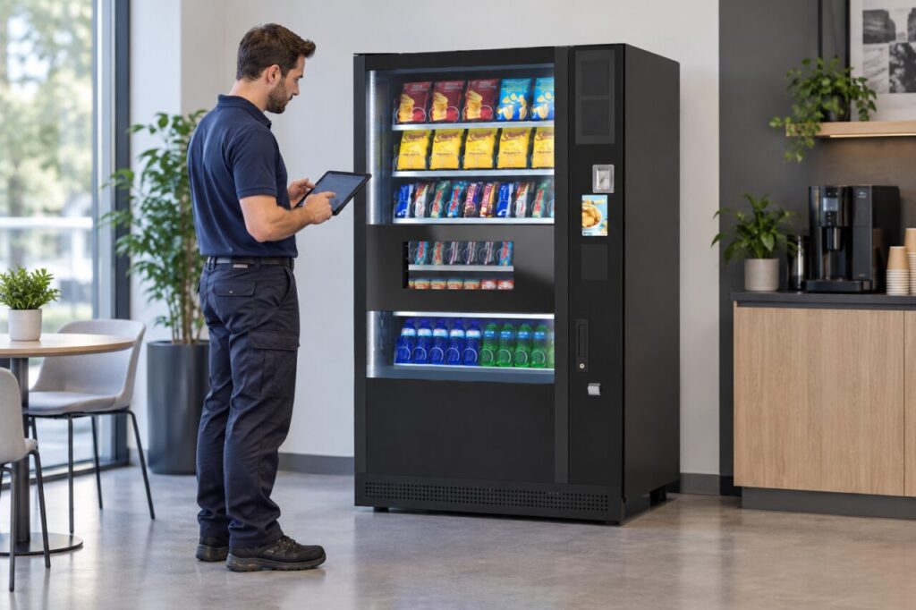 A service technician reviews a tablet beside a SandenVendo vending machine.