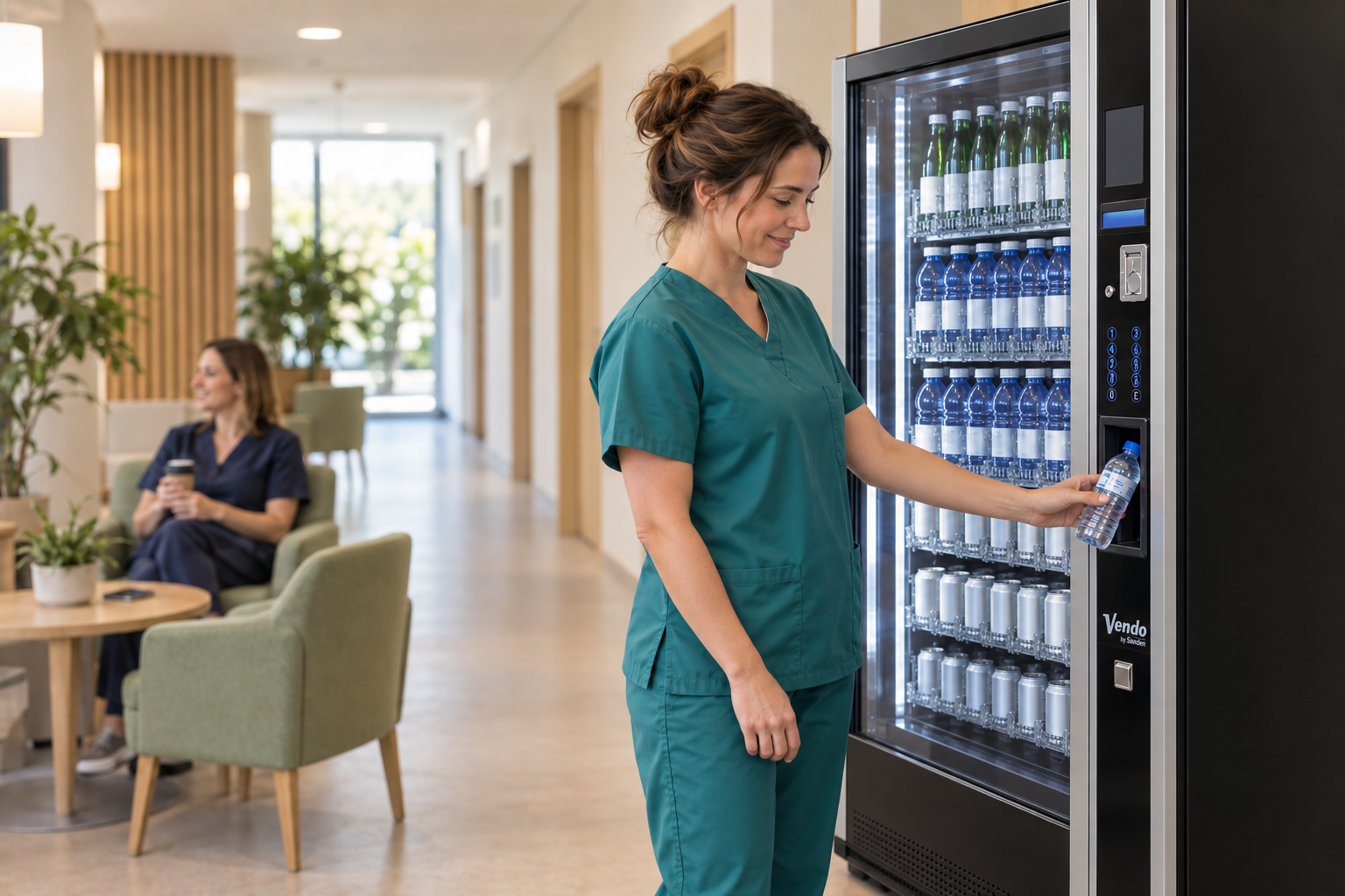 SandenVendo G-Drink hospital vending machine with a healthcare worker collecting a water bottle