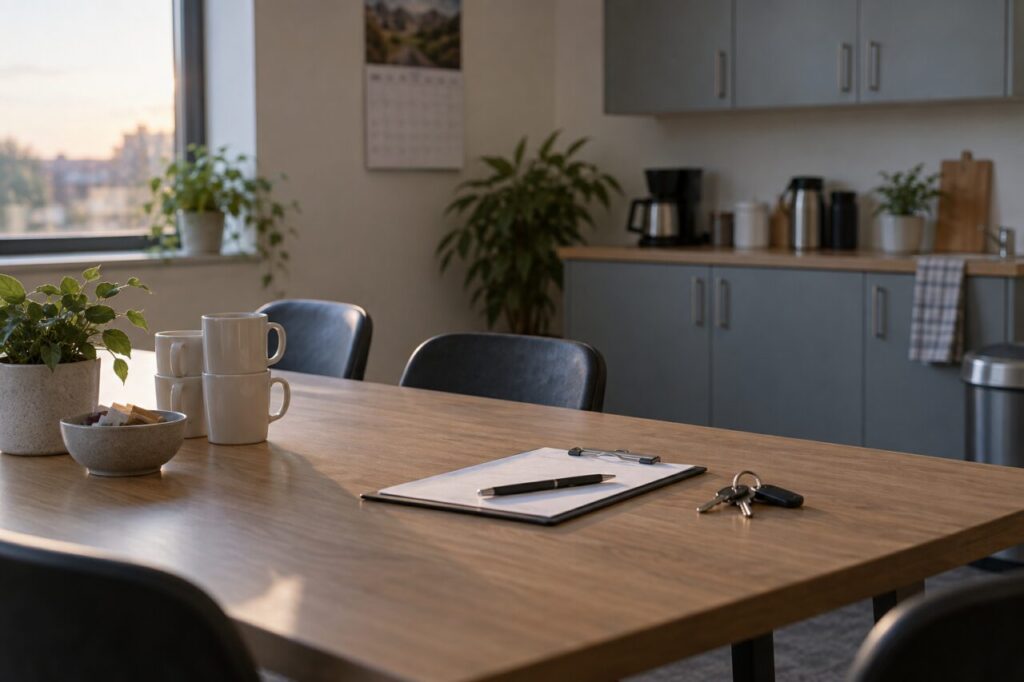 Quiet office break room with a planning clipboard and keys on the table