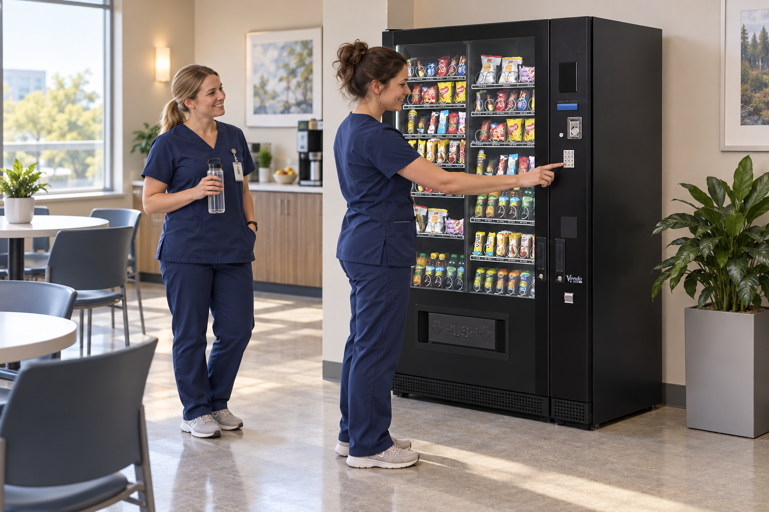 Hospital nurses buying snacks from a SandenVendo G-Snack Standard in a staff room