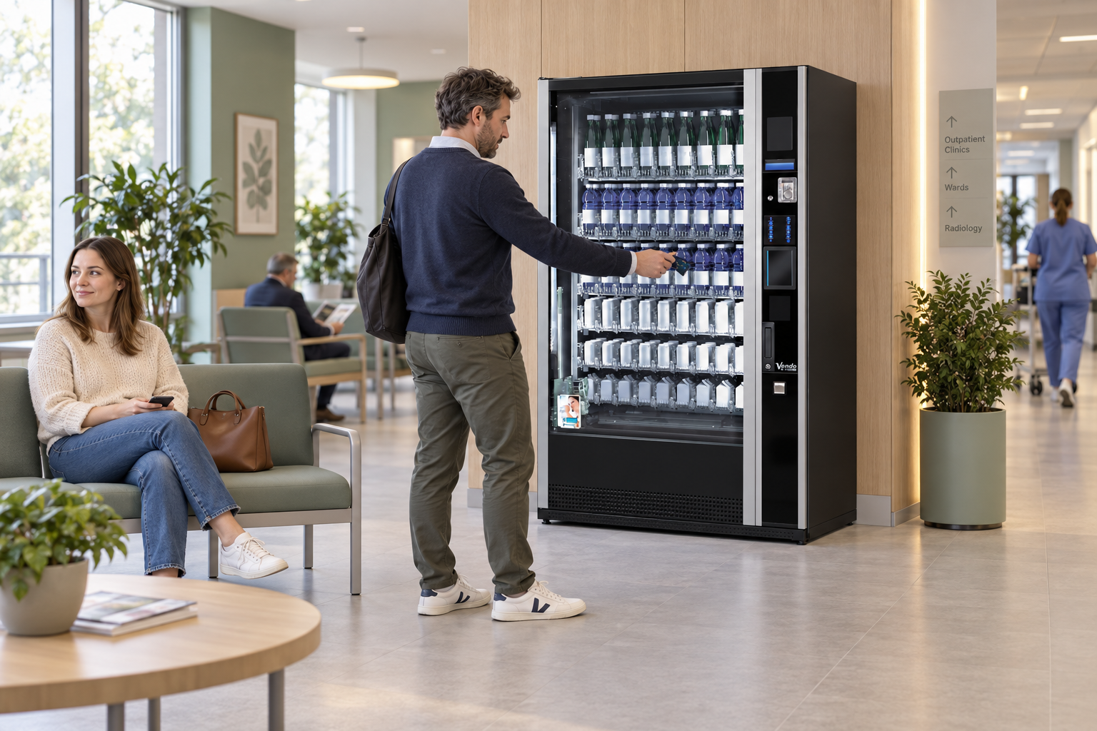 A hospital visitor choosing a drink at a SandenVendo G-Drink machine