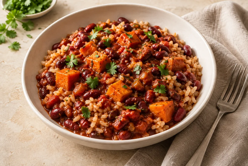 Mexican Bean & Sweet Potato Chilli with Rice — AI serving suggestion