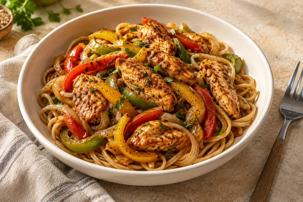 Cajun Chicken & Peppers with Wholewheat Noodles — AI serving suggestion