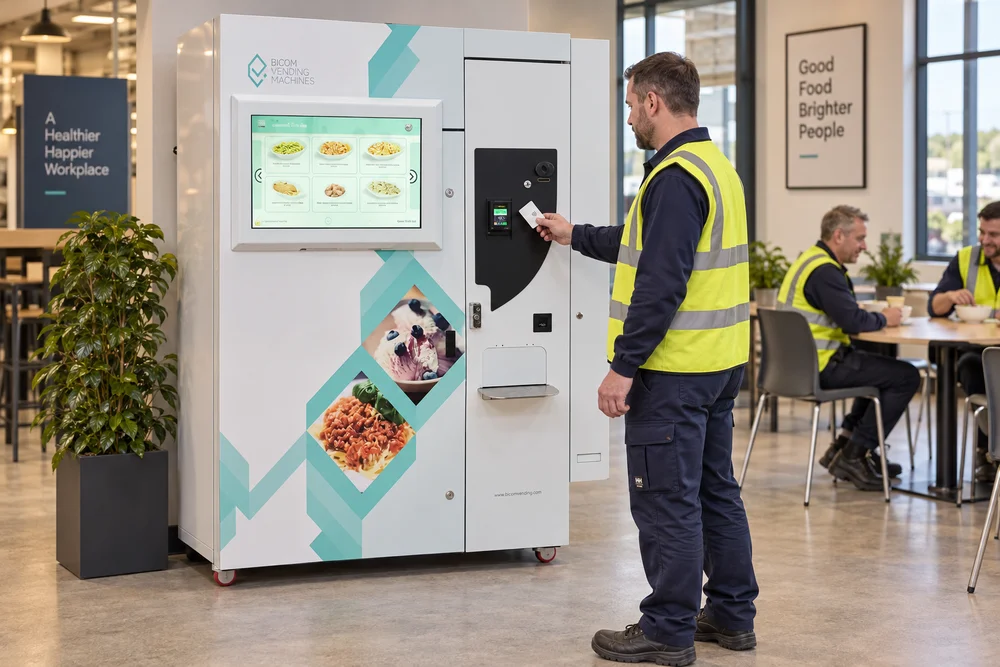 Factory worker ordering and paying for a meal at the MIDA touchscreen