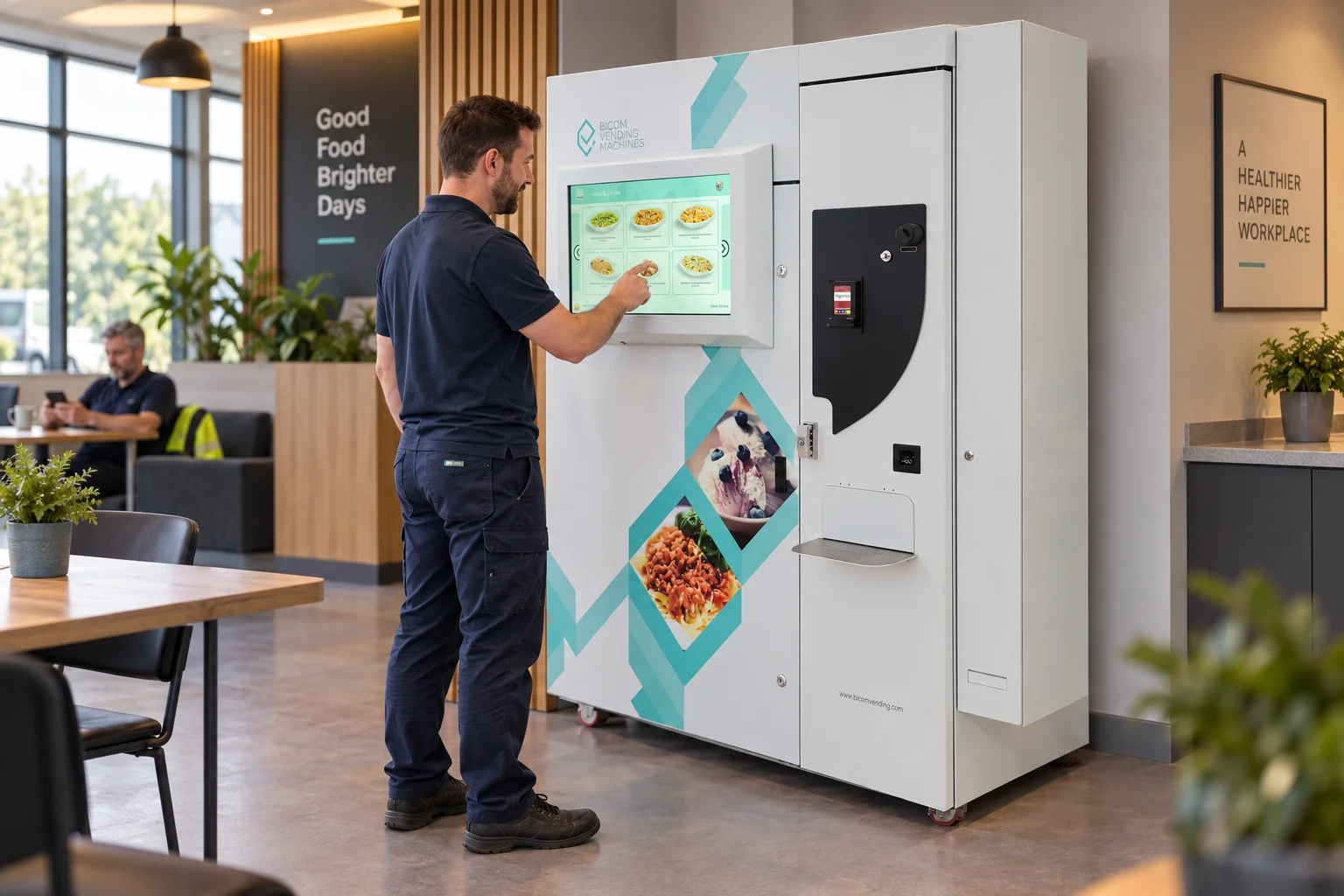 Factory employee choosing a meal from a Bicom MIDA hot food vending machine