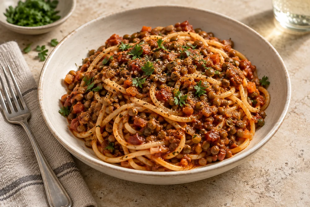Vegetarian Spaghetti with Green Lentil Bolognese — AI serving suggestion