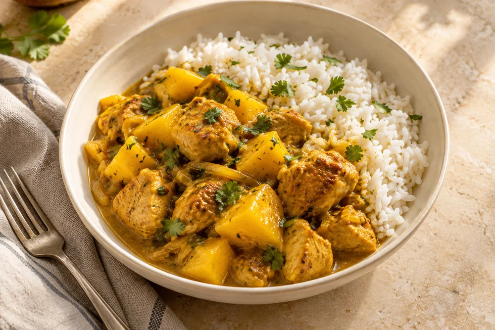 Halal Caribbean Chicken with Mango Curry & Rice — AI serving suggestion