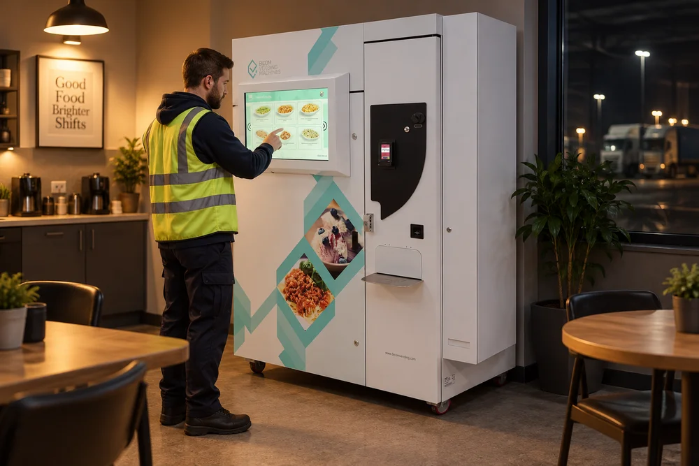 Night-shift worker choosing a meal in a logistics rest area