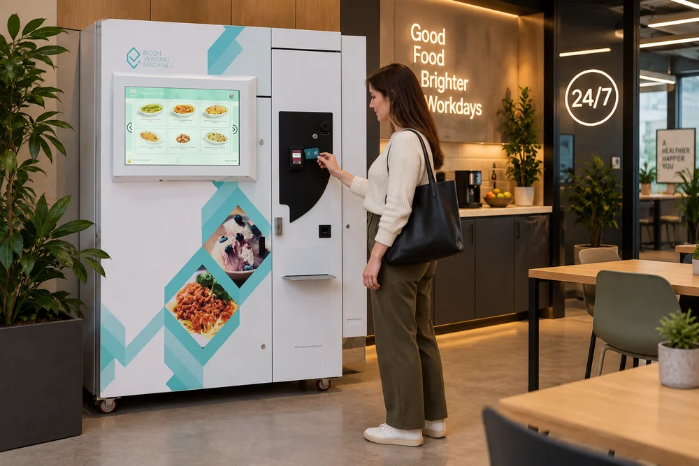 Customer making a contactless purchase at a hot meal machine