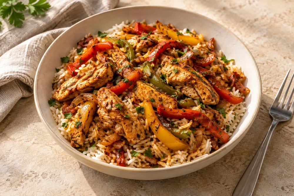 Halal Piri Piri Chicken Stir Fry with Basmati Rice — AI serving suggestion
