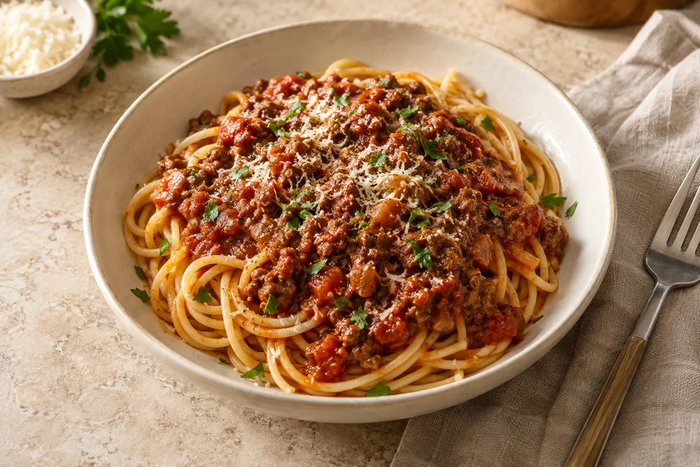 Halal Spaghetti Bolognese — AI serving suggestion