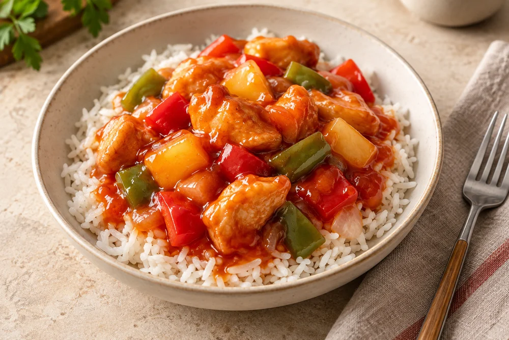 Sweet & Sour Chicken with Long-Grain Rice — AI serving suggestion