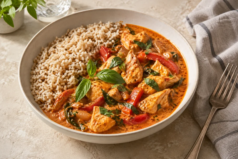 Thai Red Chicken Curry with Wholegrain Rice — AI serving suggestion
