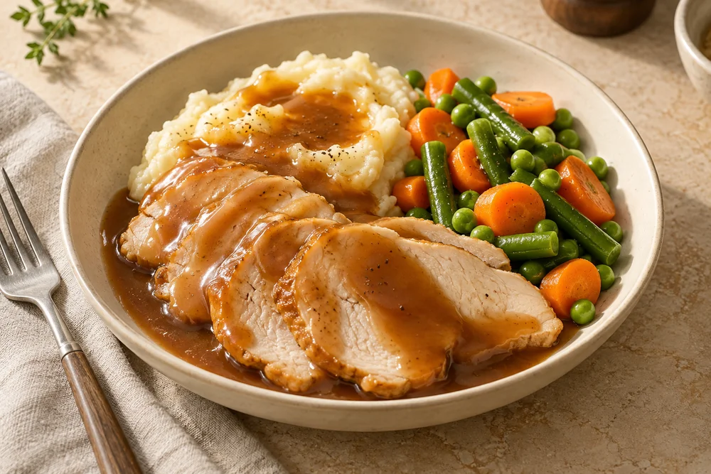 Sliced Turkey with Gravy, Mashed Potato & Mixed Vegetables — AI serving suggestion