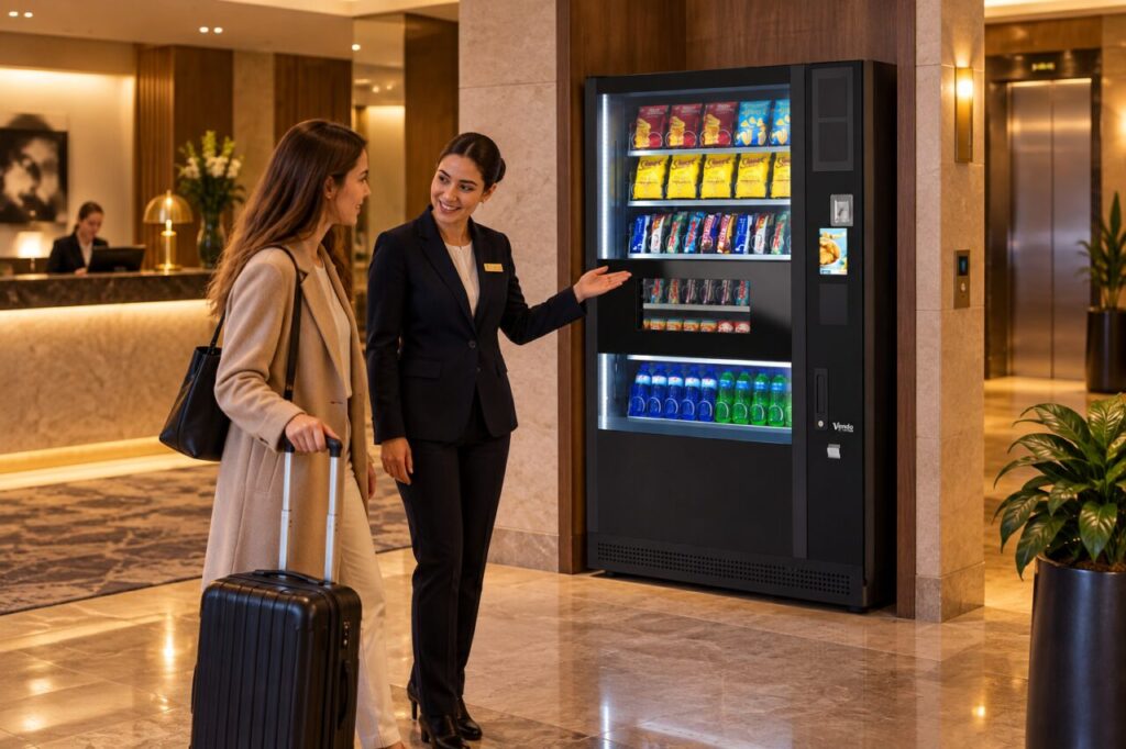 Hotel receptionist showing a guest with a suitcase where to find a SandenVendo vending machine