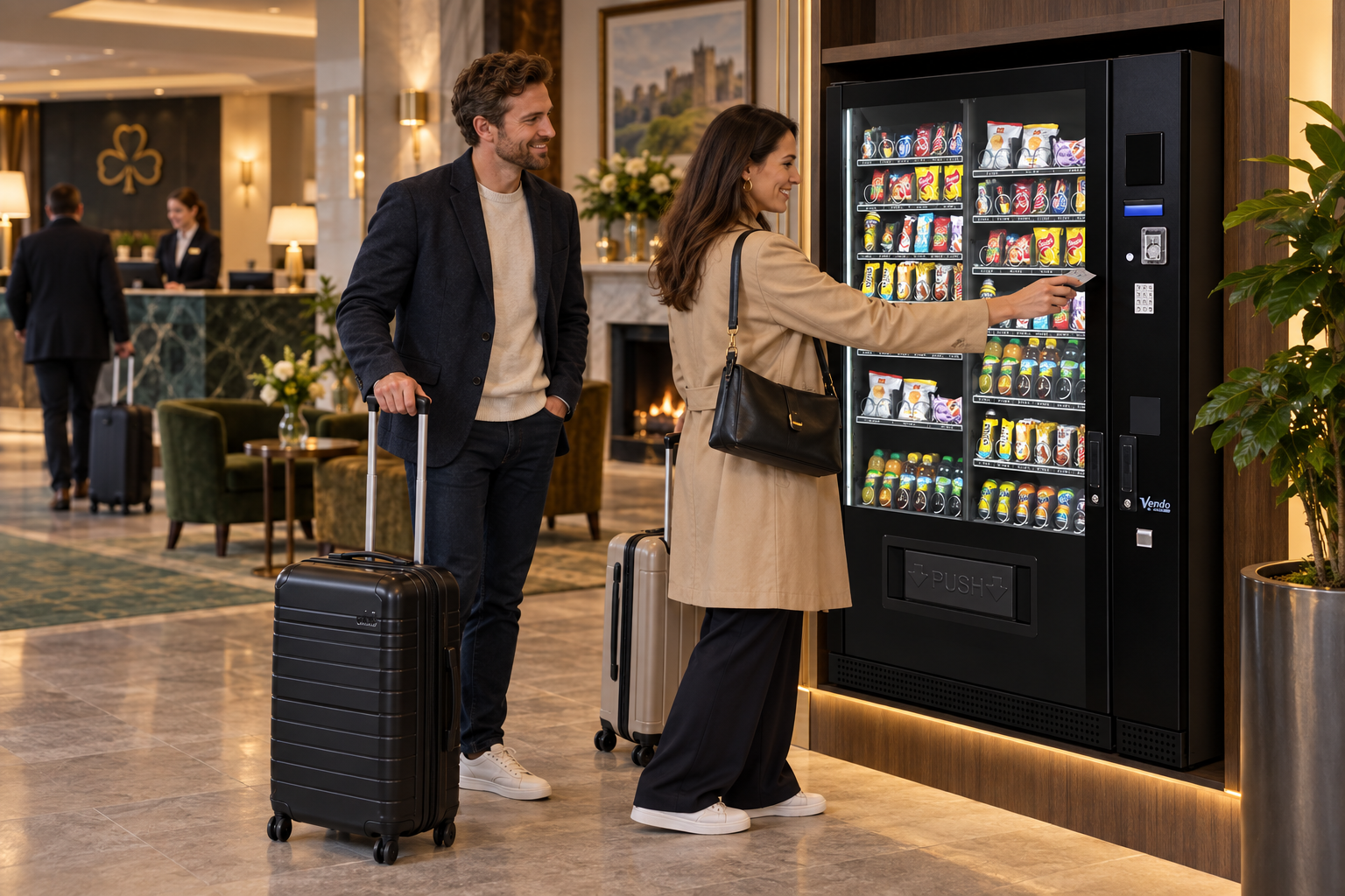 Hotel guests using a SandenVendo G-Snack Standard beside their luggage