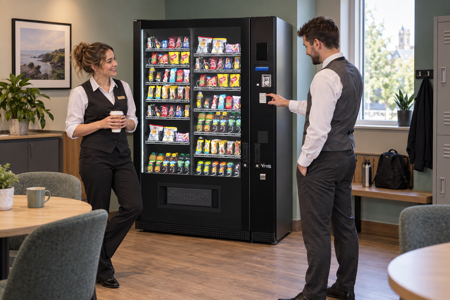 Hotel staff using hotel vending machines in a staff lounge