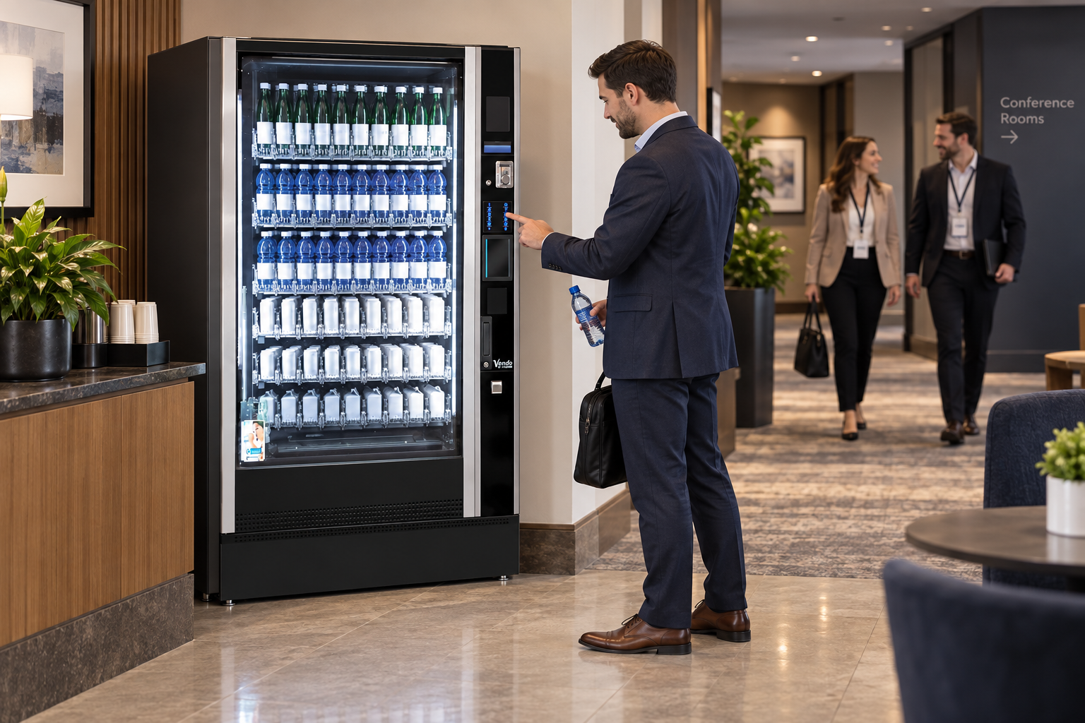 Business traveller selecting water from a SandenVendo G-Drink in a hotel