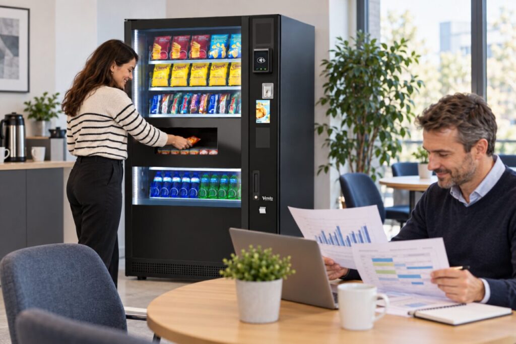 An office manager compares opening-hour timetables and sales charts at a table beside a SandenVendo vending machine