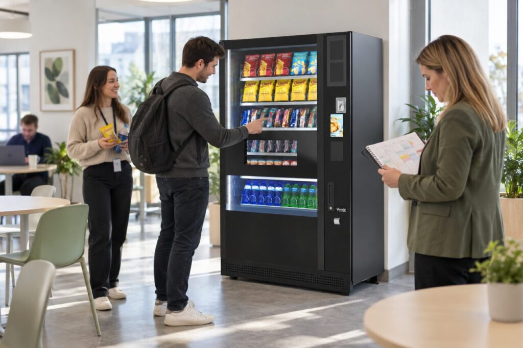 An office planner reviews attendance while staff use a SandenVendo machine.