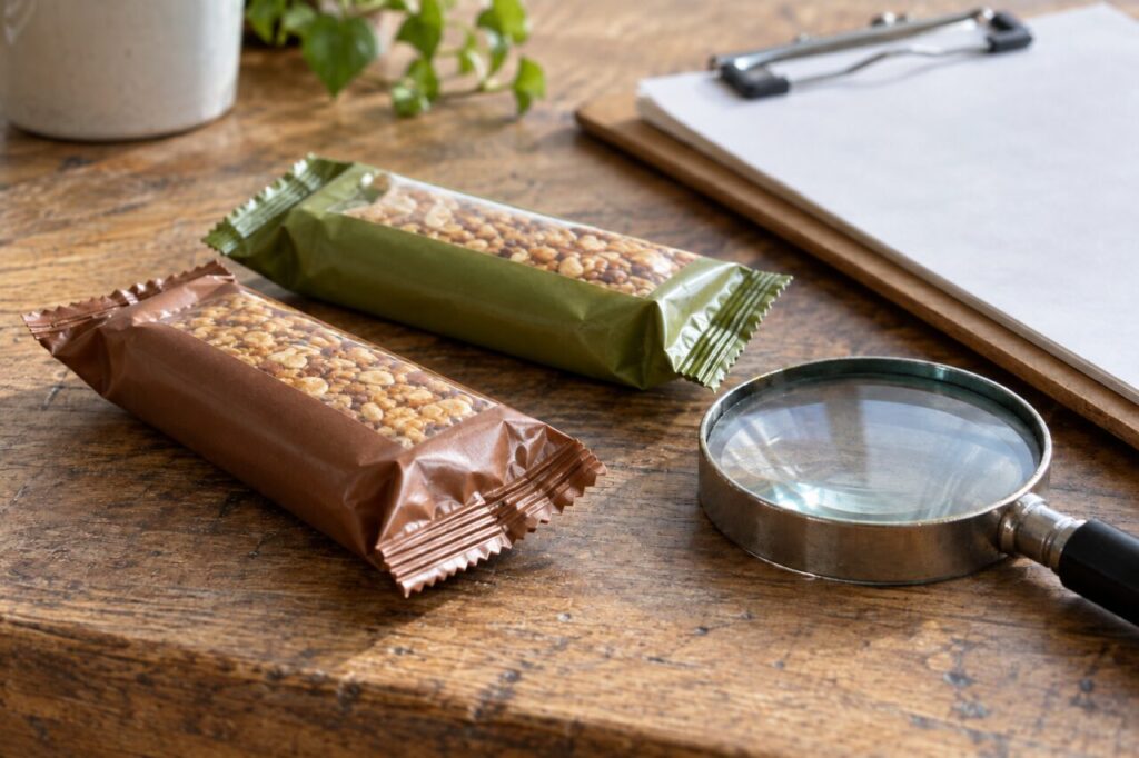 Two different sealed snack bars beside a magnifying glass and checking clipboard