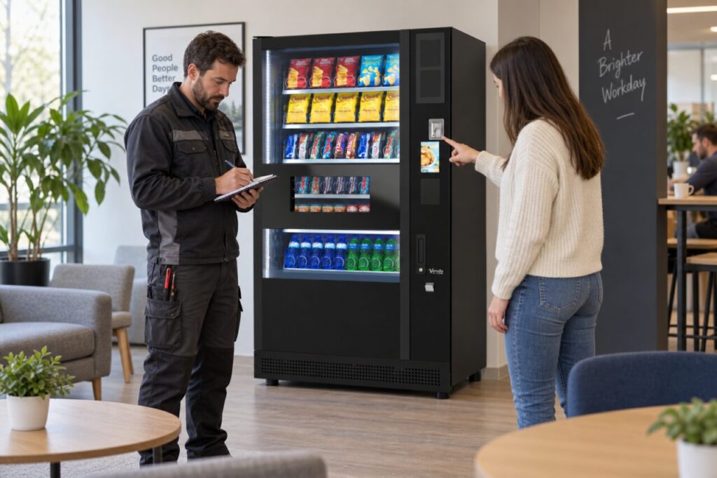 A customer points out a vending payment problem while a technician records details beside a SandenVendo machine.