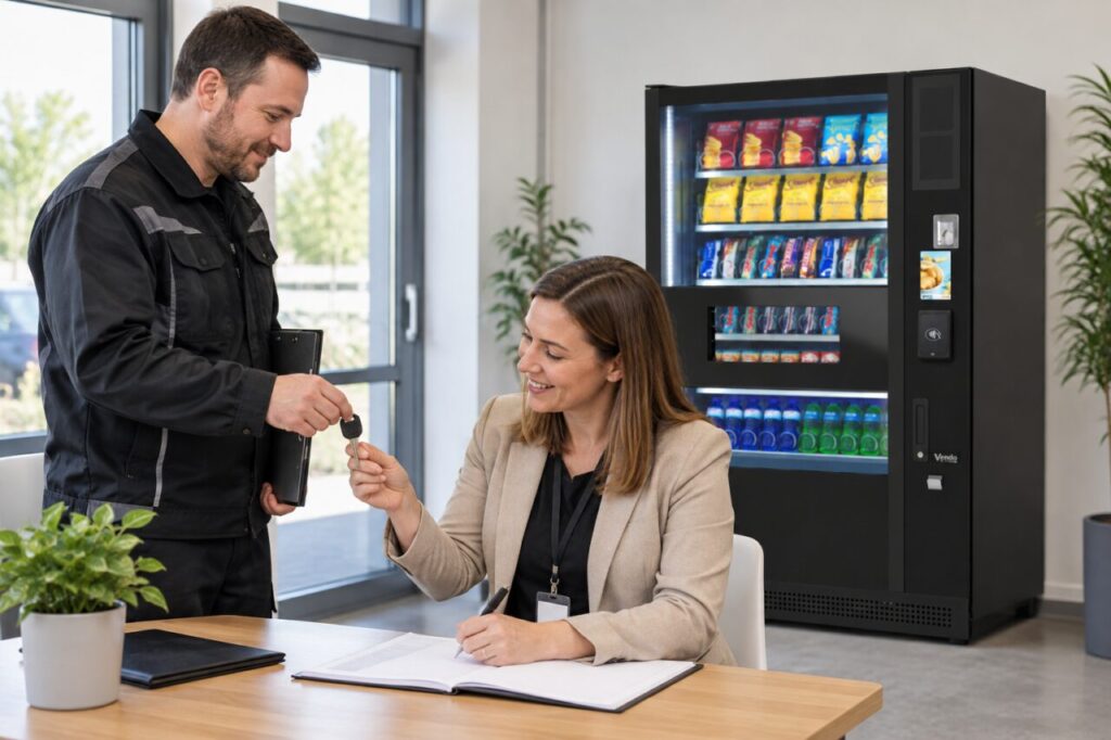 An authorised technician hands one labelled key to a facilities manager who signs a register beside the closed reference machine